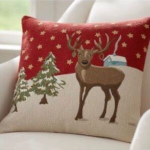 Pottery Barn Deer in the Snow Crewel Embroidered 18" Pillow Cover